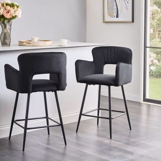 Wyld and Coco Black Velvet Counter Bar Chair with Armrests and Cutout Back