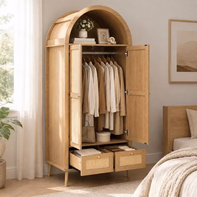 STILVORA Scandinavian Wardrobe with Rattan Doors and Integrated Drawers in Natural Oak
