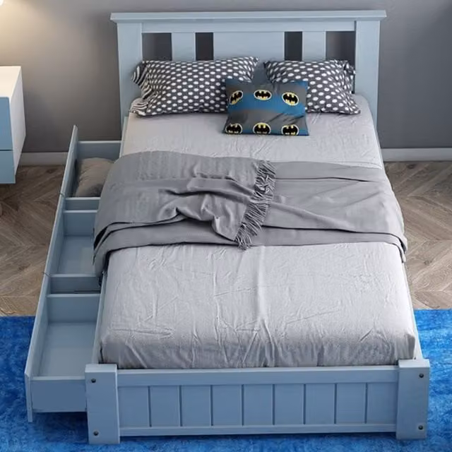 Somnior Beds Ltd Oakmere Solid Wood Single Bed Frame with 3 Drawers and Headboard in Blue