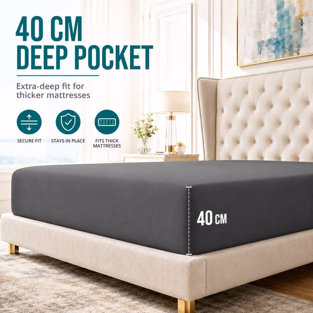 Pamposh Microfibre Plain Fitted Sheet in Charcoal Grey, King Size, W/D/H: 180 x 200 x 40 cm – 2