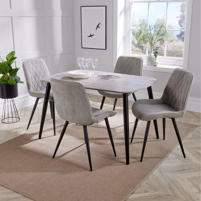 Core Products Ltd Aspen Oak Effect Rectangular Dining Table and 4 Diamond Stitch Fabric Chairs Set in Light Grey and Black