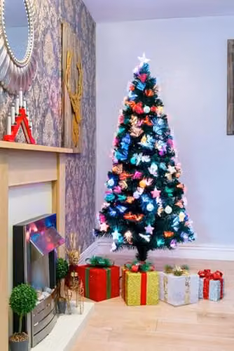 Shatchi 150 cm Green Fibre Optic Christmas Tree with Pastel Stars and Baubles, Pre-Lit with Multicolour Changing Lights – 8
