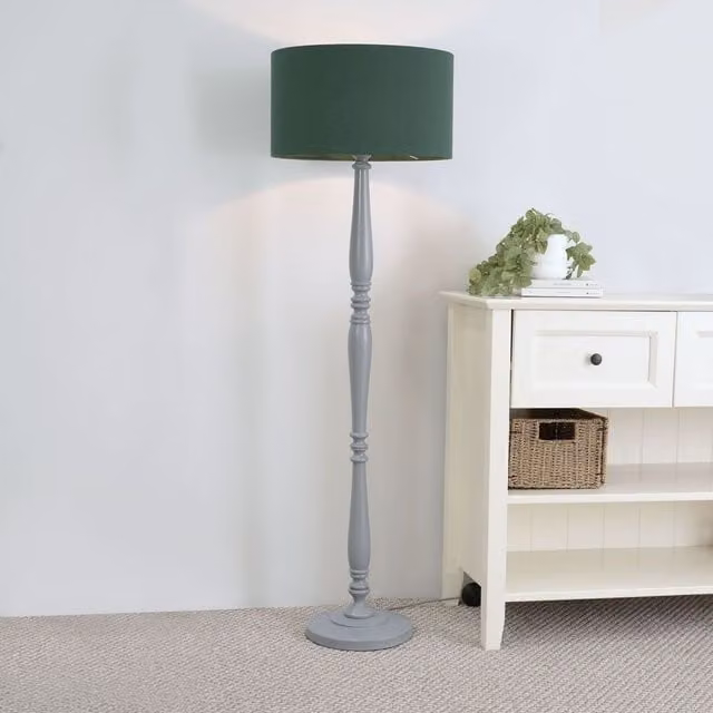 ValueLights Victoria Traditional Grey Wood Stem Floor Lamp with Green Fabric Drum Shade and LED Bulb