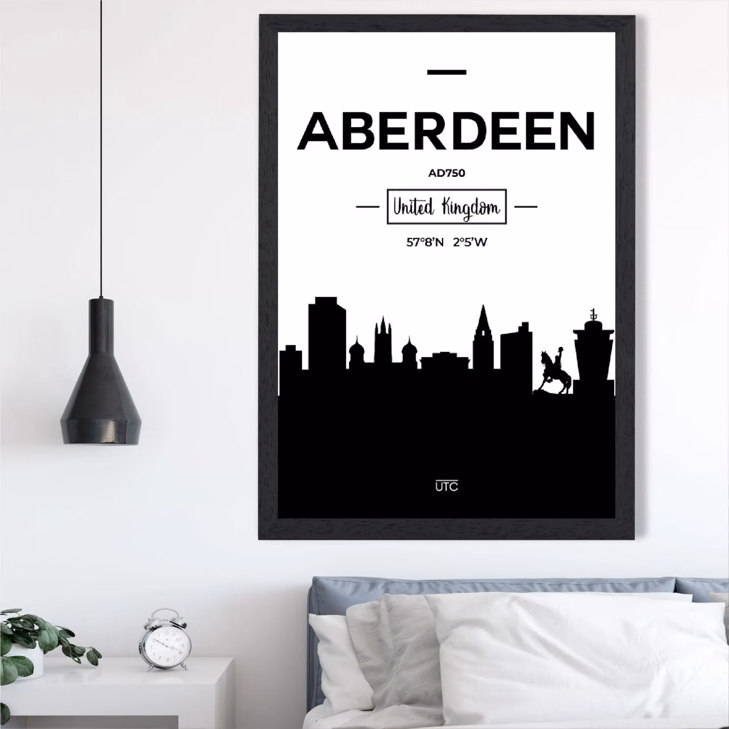 ARTZE Aberdeen Black and White City Skyline Framed Print, A3, Black Frame – 2