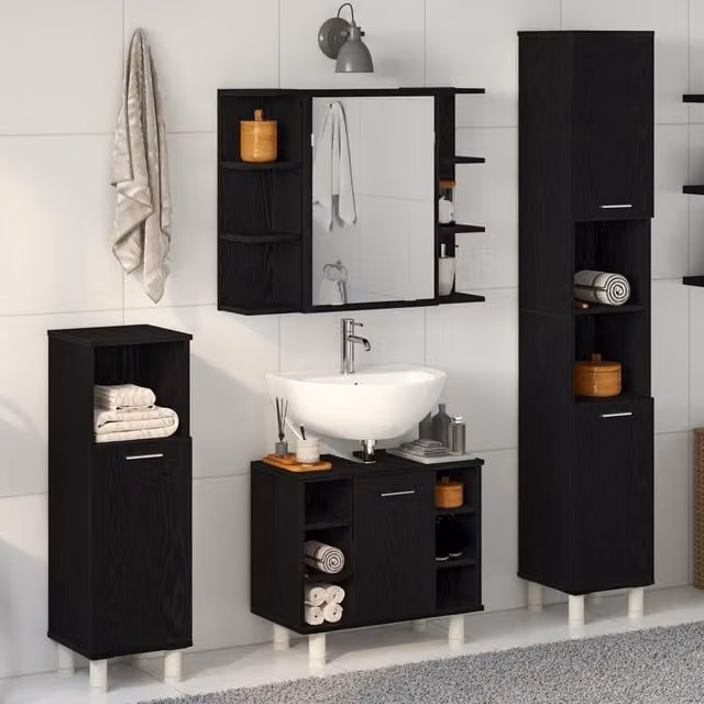 Berkfield Home 4 Piece Black Oak Modern Bathroom Furniture Set with Freestanding Storage and Hinged Doors – 1