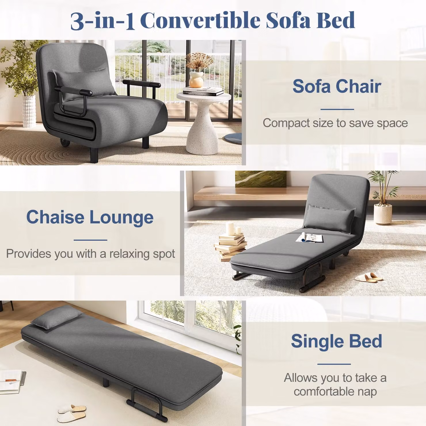 Costway 3-in-1 Convertible Sofa Bed Sleeper Chair with Lumbar Pillow in Dark Grey – 6