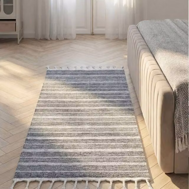 Wyld and Coco Handwoven White Striped Rectangular Rug, W: 80 cm, L: 150 cm – 1