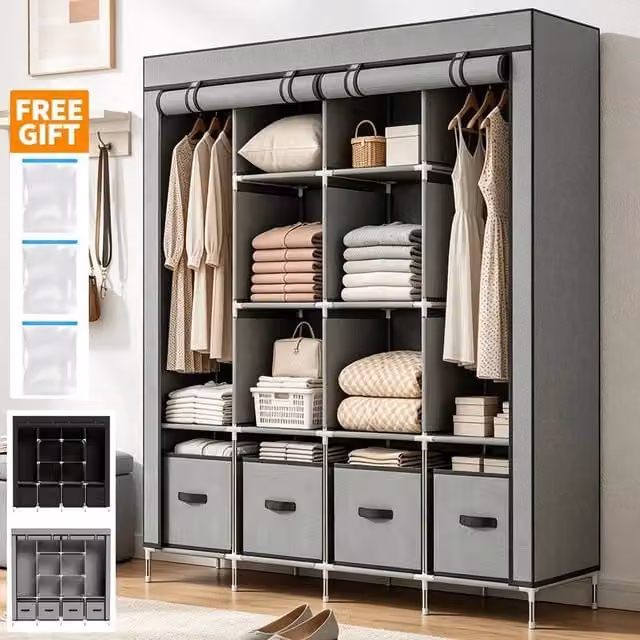 FORGEVIO Grey Clothes Storage Wardrobe with Roll Shutter and Integrated Drawers, H 175 x W 165 x D 42 cm – 1