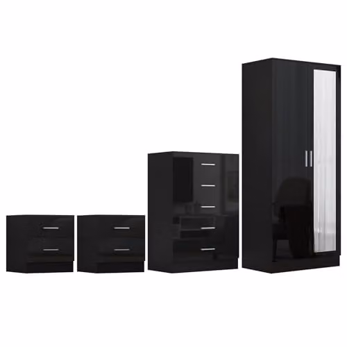 Reflect Modern Bedroom Furniture Set in Black Gloss and Black Oak Finish featuring 2 Door Mirror Wardrobe, 5 Drawer Tallboy Chest and 2x 2 Drawer Bedside Tables – 3