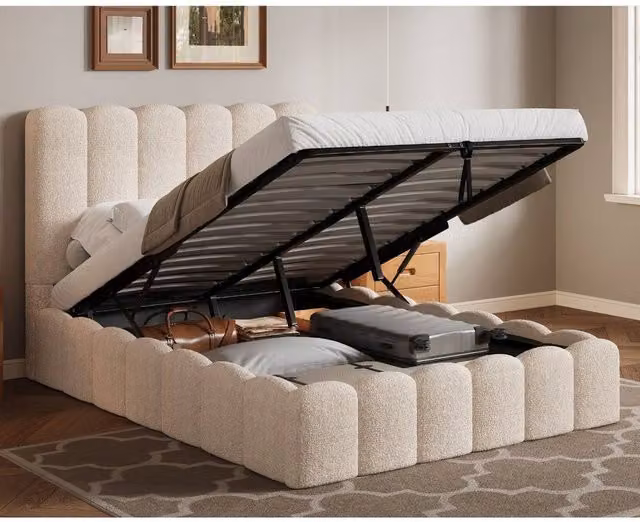 Groundlevel Kingsley Boucle Upholstered Bed Frame with Lift Up Base in Beige, W/D/H: 180 x 200 cm – 1