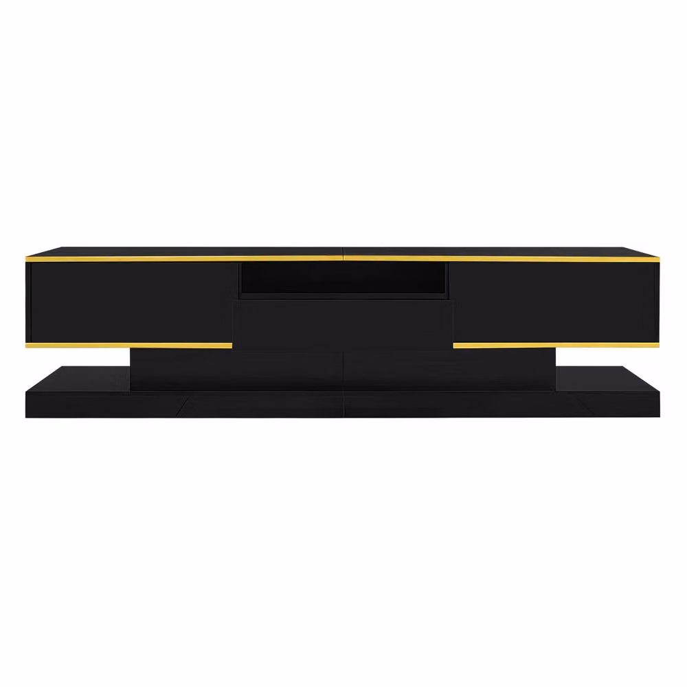 Merax Modern High Gloss TV Cabinet in Black and Gold with Integrated LED Lighting and 3 Drawers, W: 180 cm, D: 45 cm, H: 180 cm – 6
