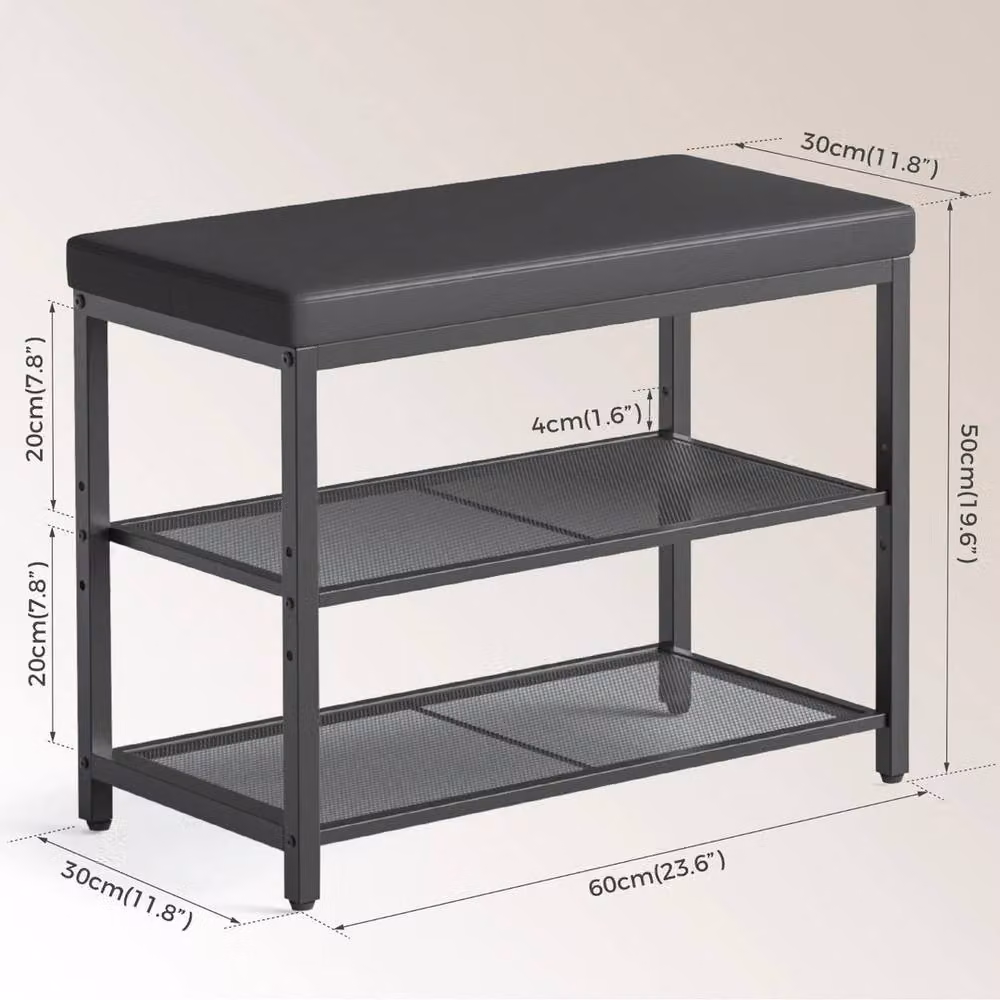 KORVIXA 3-Tier Shoe Rack Bench with Padded Synthetic Leather Cushion in Black, W: 100 cm, H: 60 cm, D: 60 cm – 2