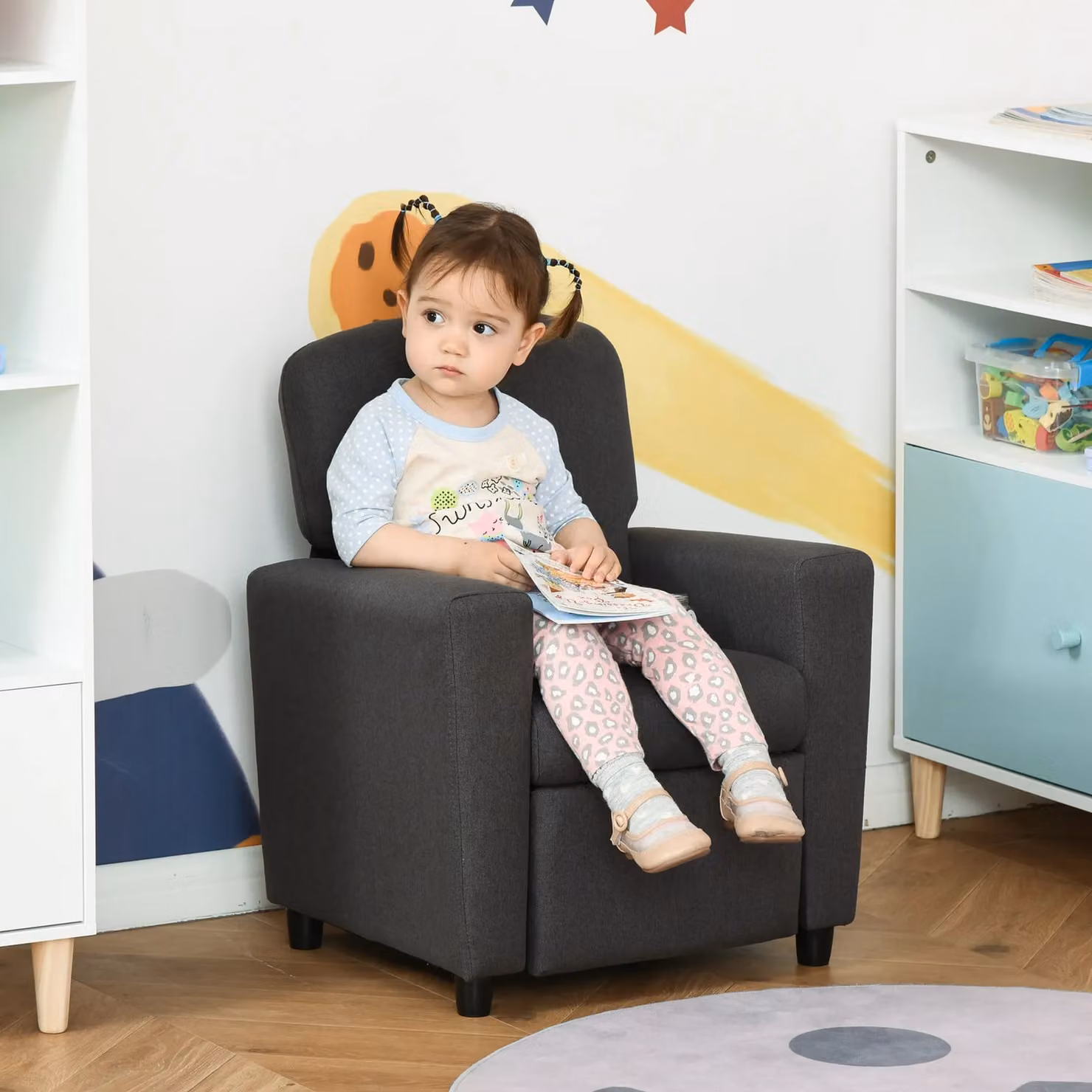 HOMCOM Kids Recliner Sofa with Footrest, Grey Linen Upholstered Armchair for Playrooms – 2