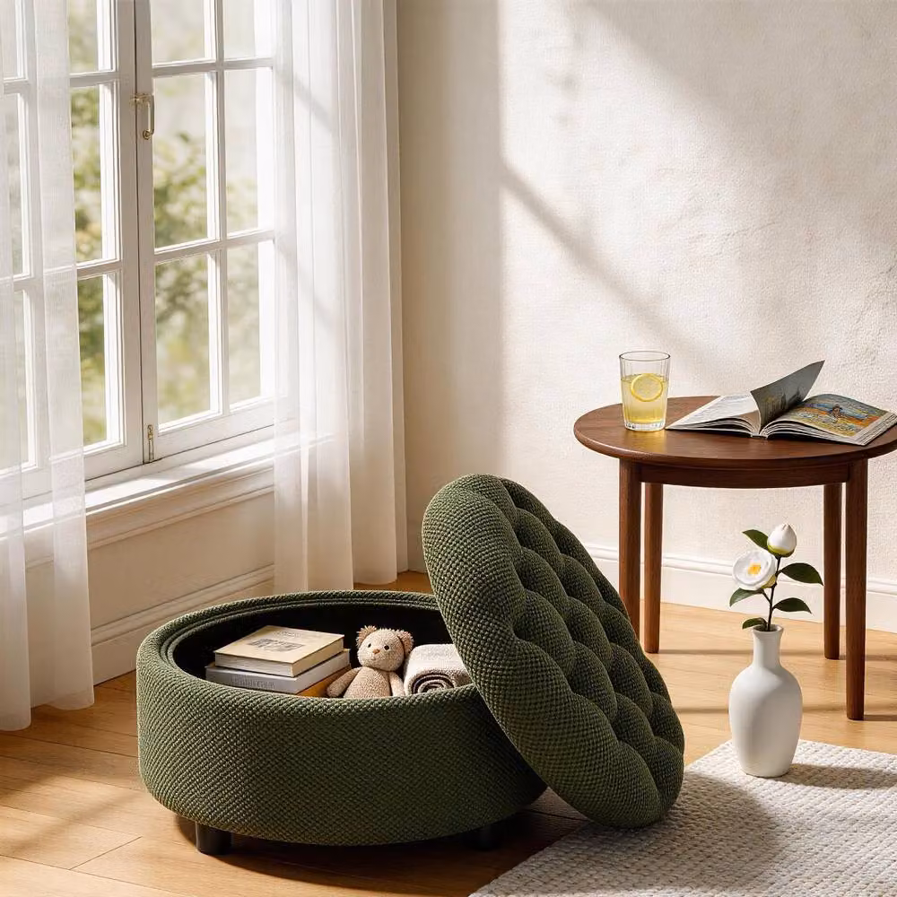 Rolipo Dark Green Round Fabric Storage Ottoman with Wooden Tray Top – 4