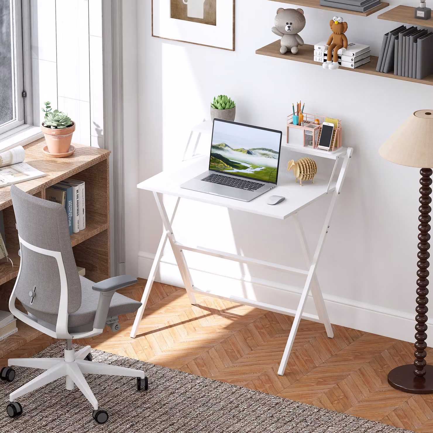 HOMCOM White Folding Computer Desk with Monitor Shelf – 2