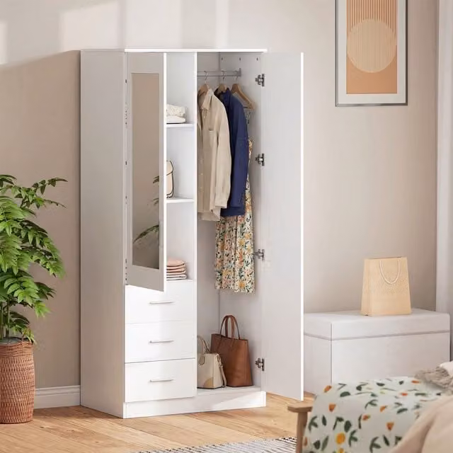 HOMCOM 2 Door Wardrobe with Mirror, 3 Drawers and Adjustable Shelves, White, H 180 x W 80 cm – 1