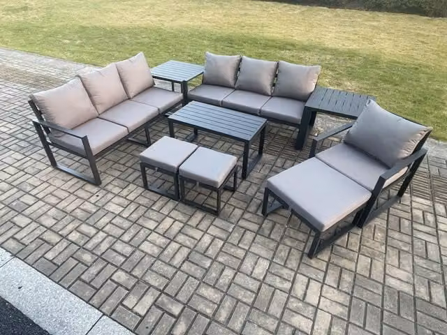 Fimous 9 Piece Grey Powder Coated Aluminium Garden Furniture Set with Cushions, 10 Seater Outdoor Patio Lounge Sofa Set including Armchair, 3 Footstools and 2 Side Tables