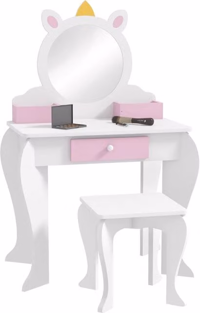 ZONEKIZ Kids Unicorn Dressing Table with Mirror and Stool, White – 1