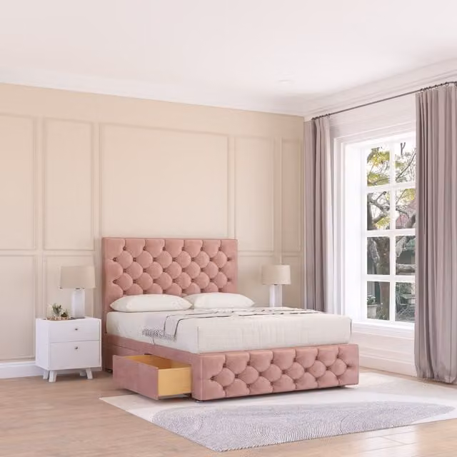 Sloomy Watson King Size Pink Velvet Chesterfield Divan Bed Base with 2 Drawers and Headboard W/D/H: 180 x 200 cm