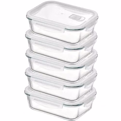 Simpa 5-Piece Airtight and Leakproof Glass Food Storage Containers, 1040ml, Transparent
