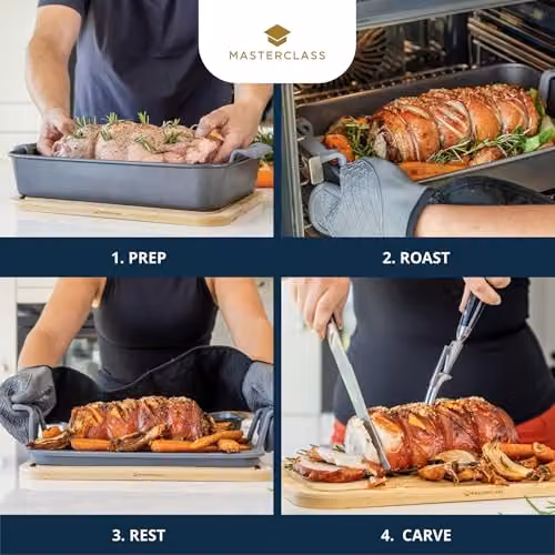 MasterClass 2 Piece Roast and Rest Set in Grey, Heat Resistant Silicone and Wood Roasting Rack with Resting Board – 3