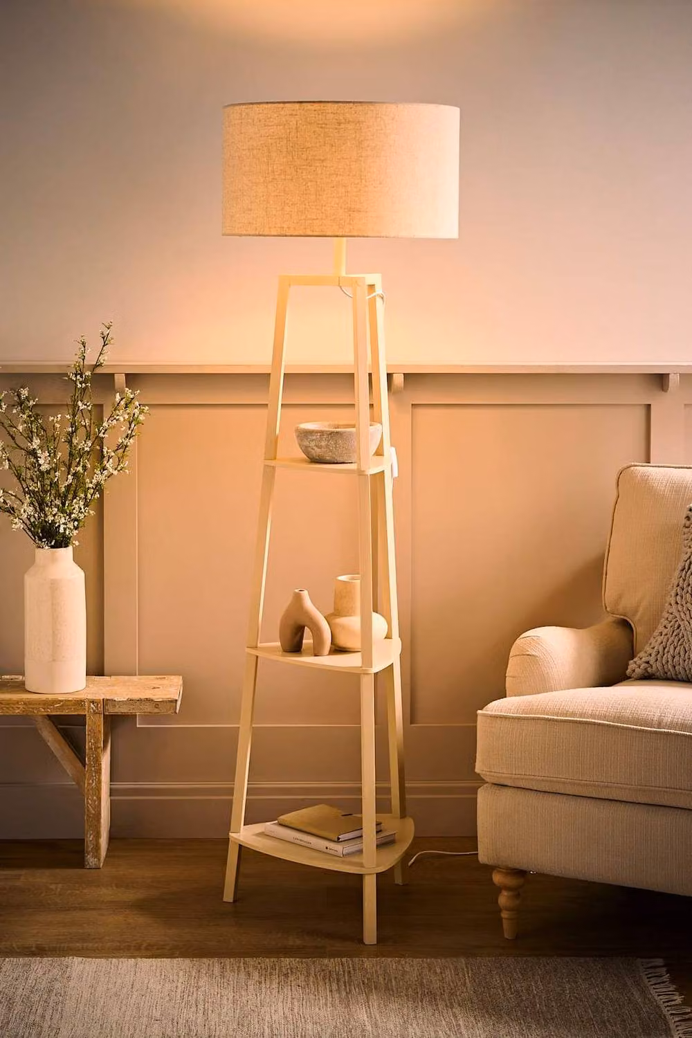 ValueLights Hiru 3 Tier Wooden Shelf Floor Lamp with Beige Fabric Drum Shade and Bulb in Natural Wood and White – 2