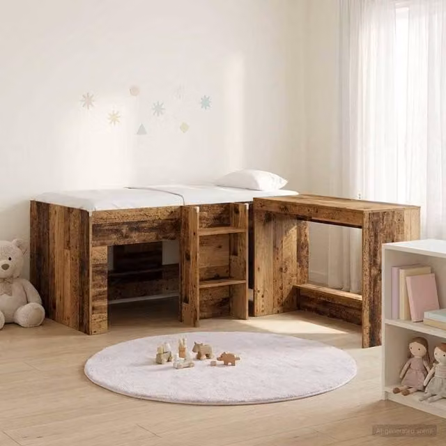 Berkfield Home Kids High Bed Frame with Desk, 2 Piece Set in Brown Old Wood Engineered Wood