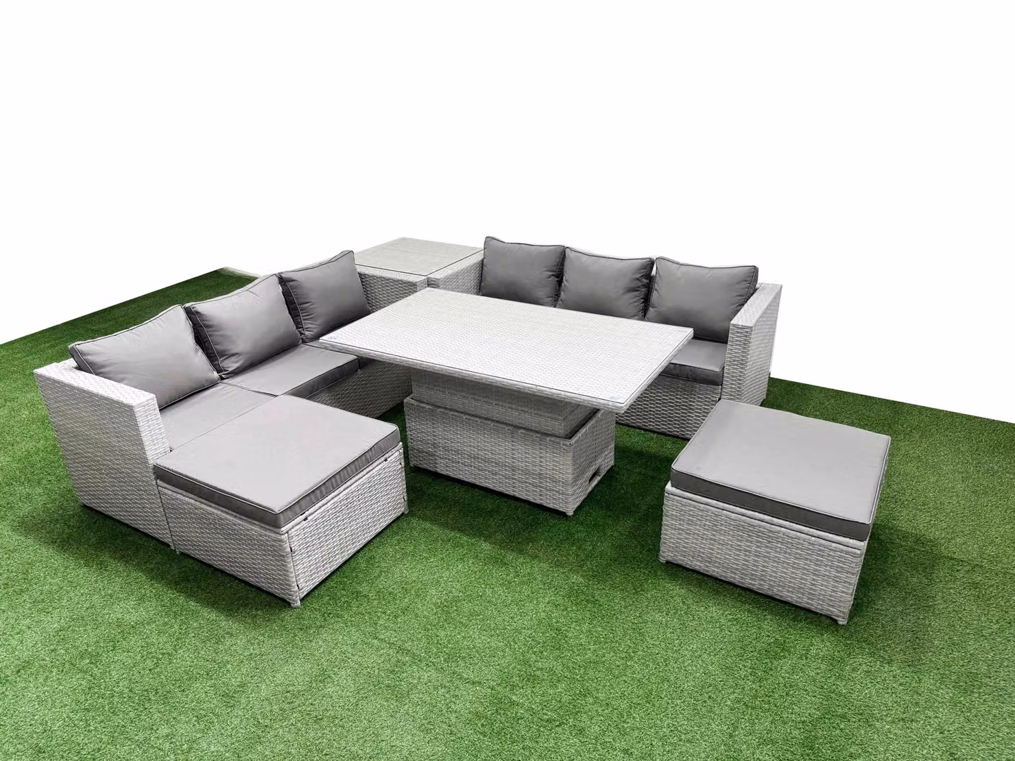 Fimous 6 Piece Rattan Dining Table Set with 3 Seater Sofa in Light Grey – 2