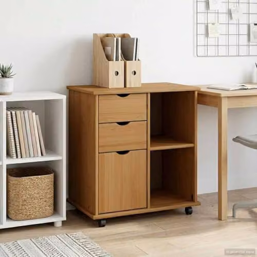 vidaXL Rolling Cabinet in Brown Solid Pine Wood, W: 63.5 cm, D: 39 cm, H: 65.5 cm – 2