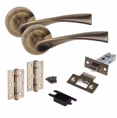 Golden Grace Astrid Door Handles Latch and Hinge Set in Antique Brass