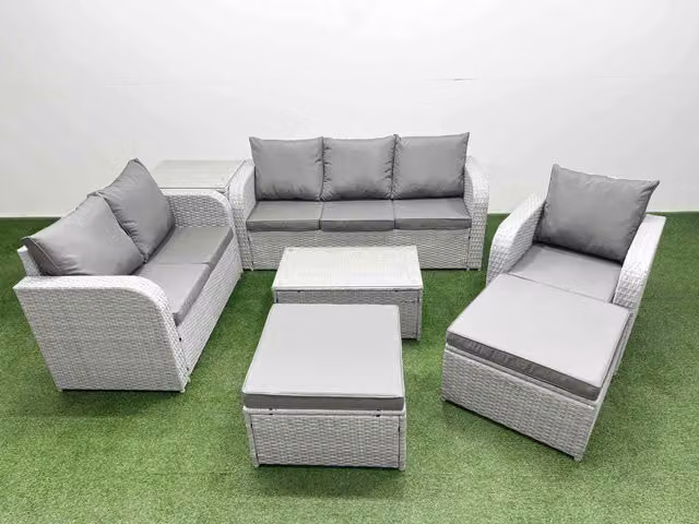 Fimous Patio 8 Seater Grey Rattan Outdoor Furniture Set with Coffee Table, 3 Seater Sofa, 2 Seater Sofa and Upholstered Cushions