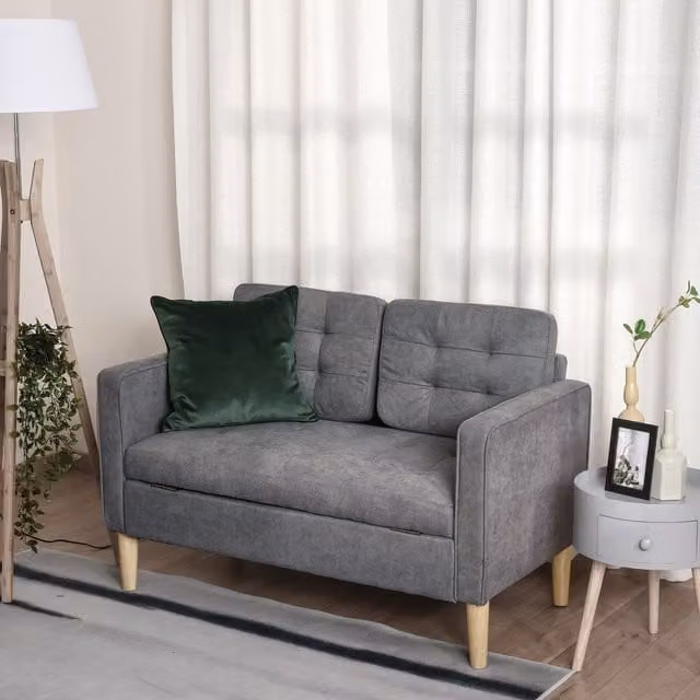 HOMCOM Modern 2 Seater Sofa with Hidden Storage and Wood Legs, Grey, W: 117 cm – 1