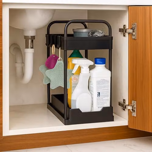 Innoteck 2-Tier Under Sink Organiser Storage Rack with 4 Hooks and 2 Cups, Matte Black, H: 40 cm, L: 39 cm, D: 30 cm – 4
