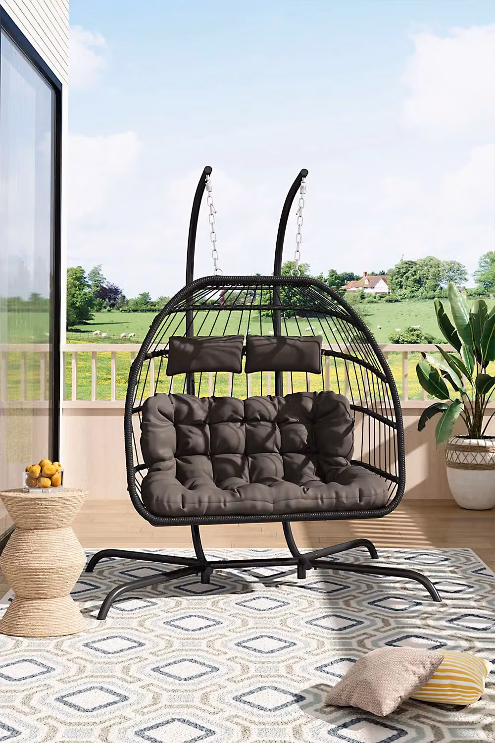 Living and Home 2-Seater Outdoor Hanging Egg Chair in Black Rattan and Metal – 3