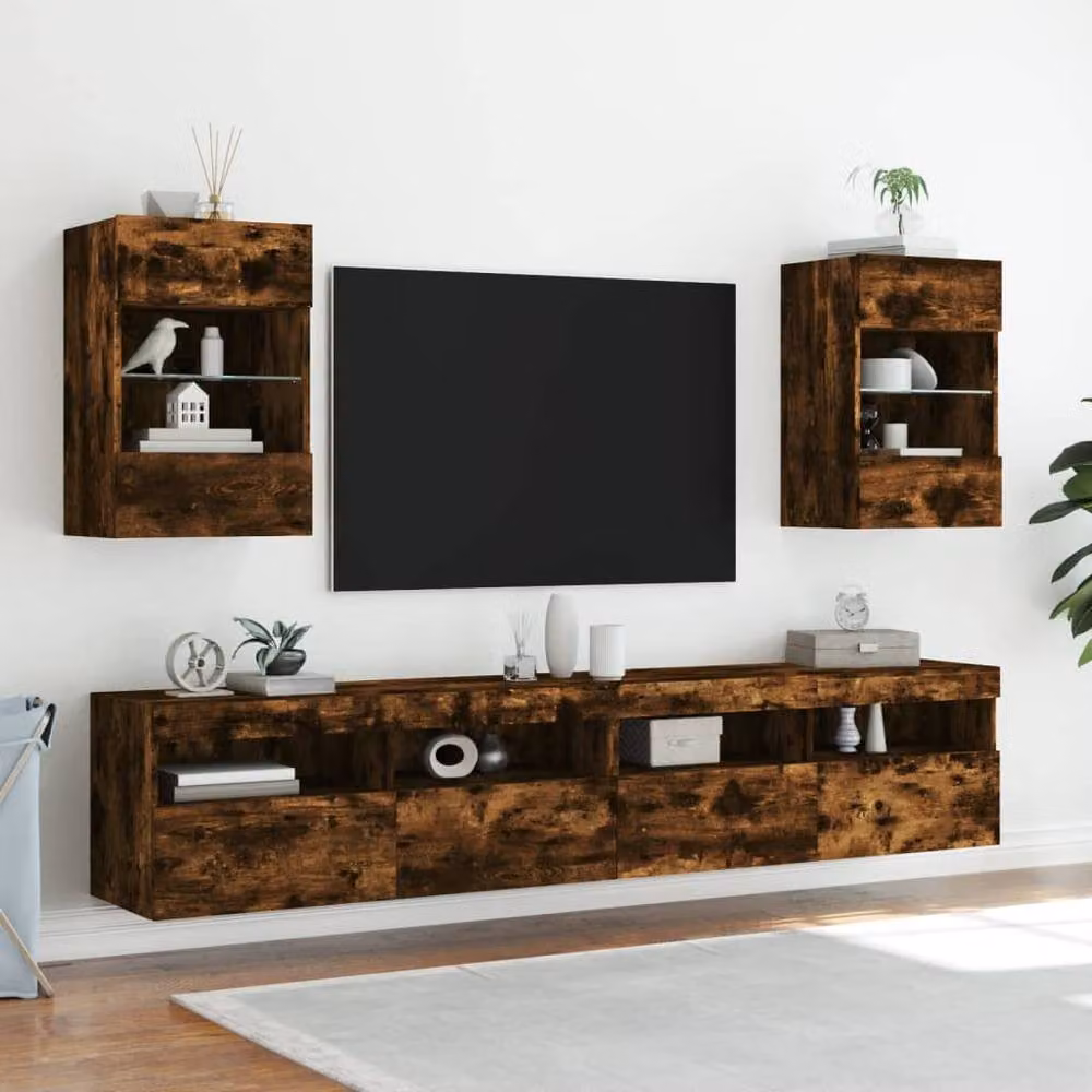 Berkfield Home TV Wall Cabinet with LED Lights in Smoked Oak Brown, W/D/H: 40 x 30 x 60.5 cm – 5