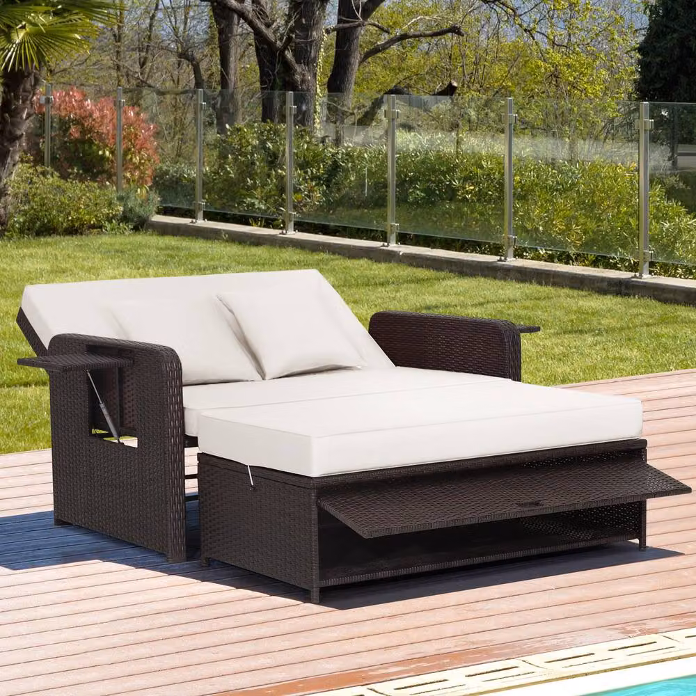 Costway White Polyrattan Patio Daybed Set with Loveseat Sofa, Ottoman and Side Tray – 4