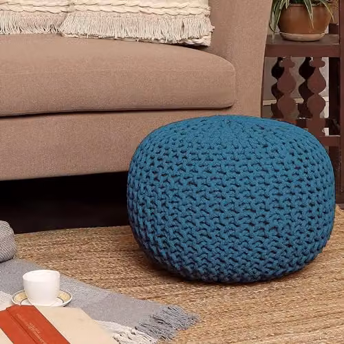 Snug City Petrol Blue Chunky Knitted Cotton Round Pouffe Ottoman W/D/H: 50 x 50 x 30 cm – 7
