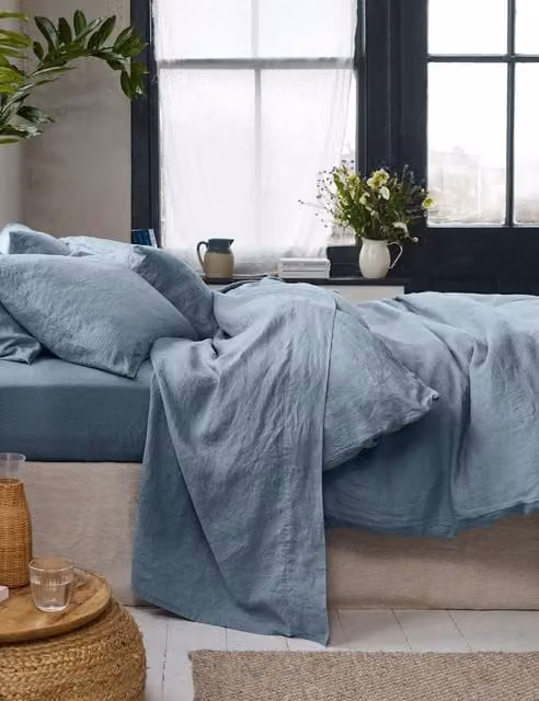Piglet In Bed Pure Linen Flat Sheet, Blue, W: 200 cm x D: 200 cm