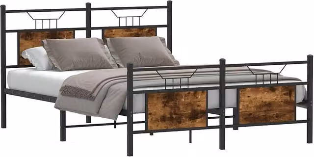 Berkfield Home Durable Industrial Bed Frame in Smoked Oak and Brown, W/D/H: 140 x 200 cm