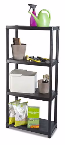 Addis 4 Tier Plastic Freestanding Storage Shelving Unit, Black, H x W x D: 130 x 61 x 30 cm – 4