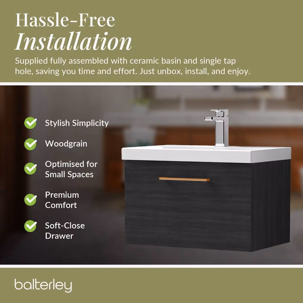 Balterley 600mm Wall Hung 1 Drawer Vanity Unit in Matt Woodgrain Black with Black Copper Handle – 4