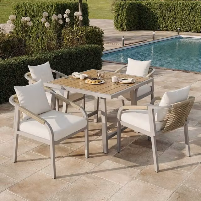 SONARA Modern 4-Seater Rectangular Garden Dining Set in Beige with Composite Table and Powder Coated Steel Chairs
