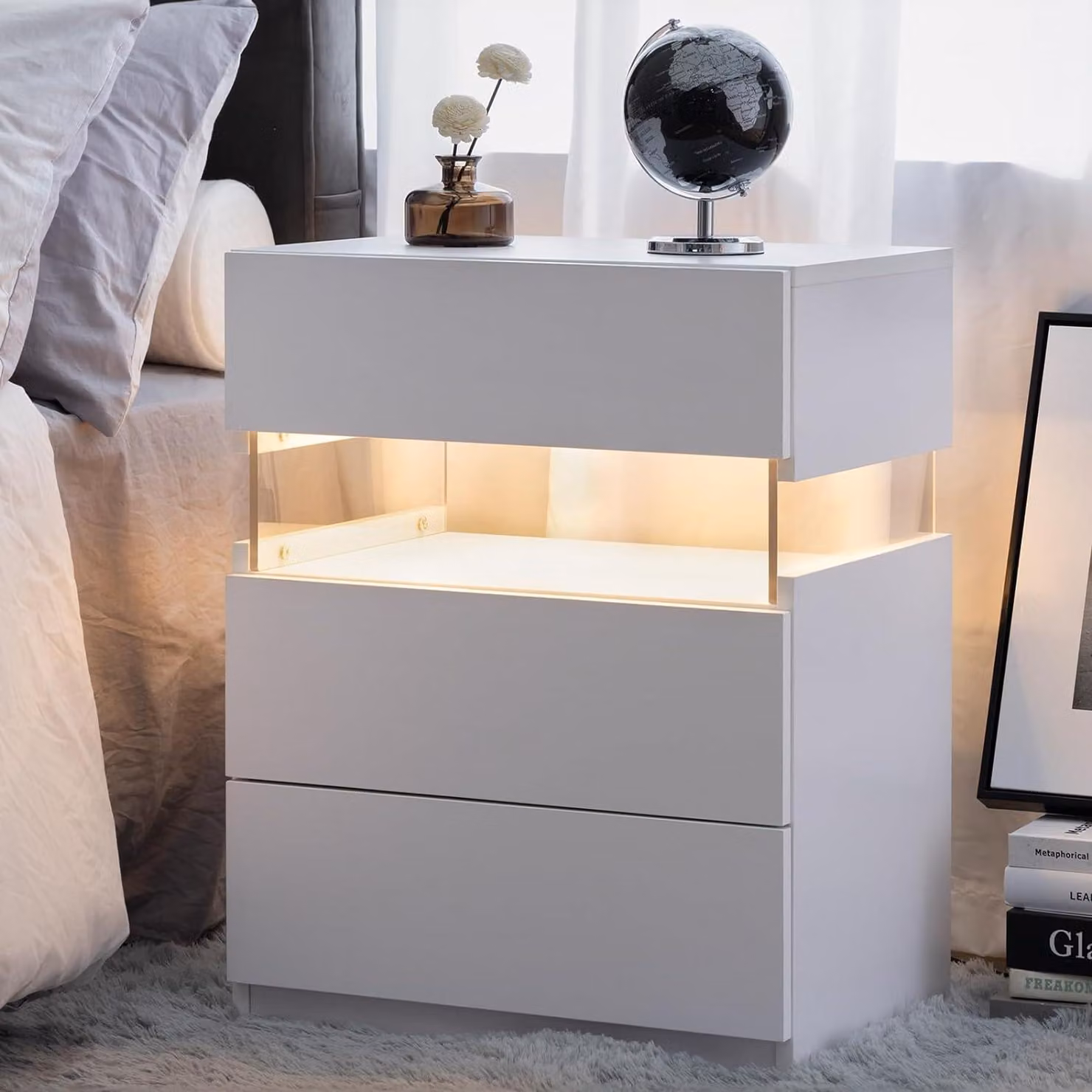 Aosom White Modern LED Bedside Table with 3 Drawers and Remote-Controlled RGB Lighting, W/D/H: 37.5 x 50 x 60 cm – 3