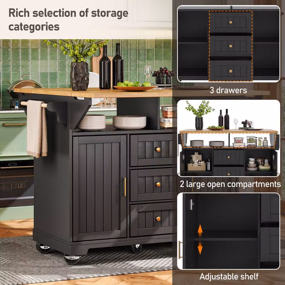 BTM Kitchen Island Trolley Cabinet with Extendable Storage Drawers in Black – 3