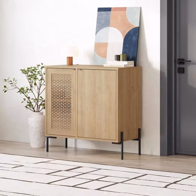 FWStyle Sapphire Oak 2 Door Sideboard Cabinet with Black Metal Frame and Laser Cut Geometric Doors in Brown – 1