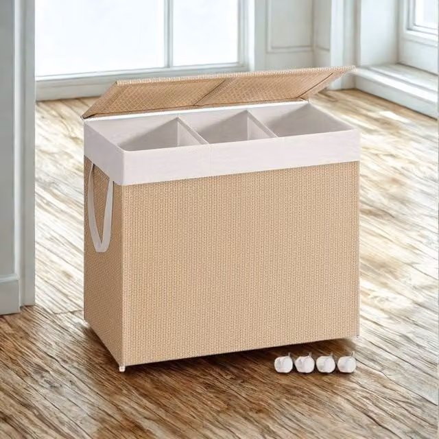 Pirlo Plush 140L Triple Laundry Basket with Lid and Removable Lining in Beige