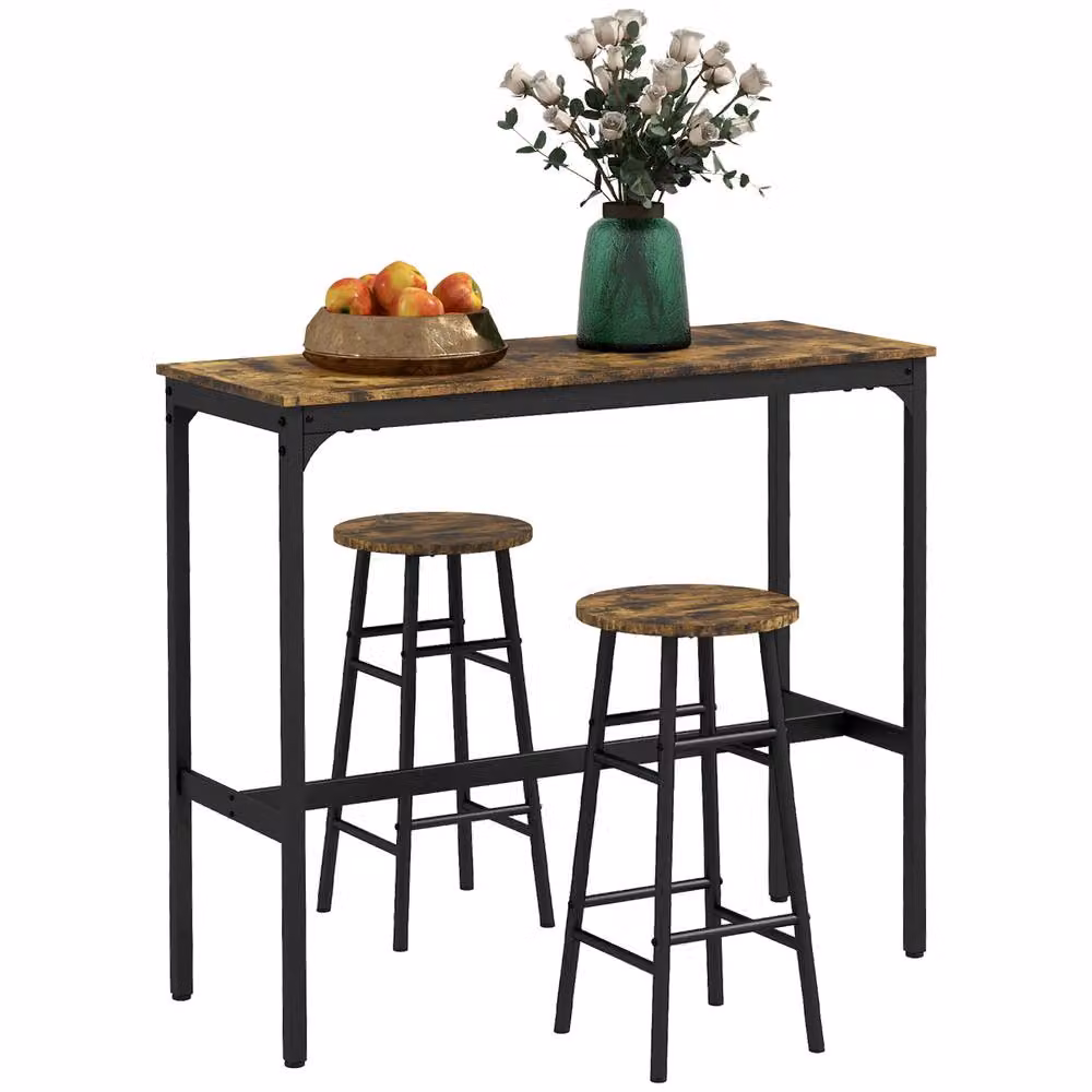 HOMCOM 3 Piece Industrial Kitchen Bar Set with Rectangular Table and Chairs in Oak Brown and White – 2