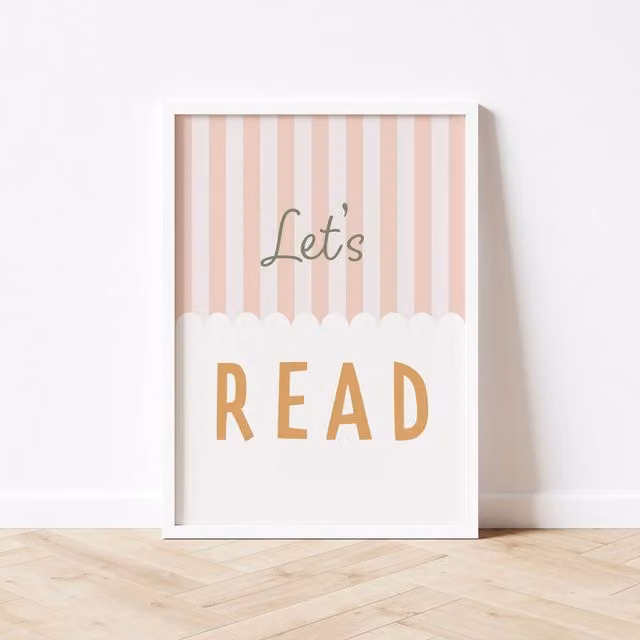 Autumns Corner Let's Read Stripy Edition Paper Poster in Light Pink and Mustard, A2