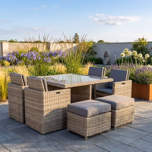 Royalcraft Wentworth 8 Seater Square Cube Set in Natural Beige Rattan and Metal – 1