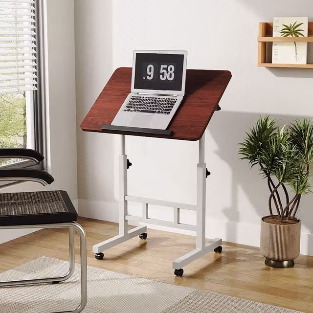 Livingandhome Height Adjustable Rectangular Bed Table with Castors in Brown Walnut